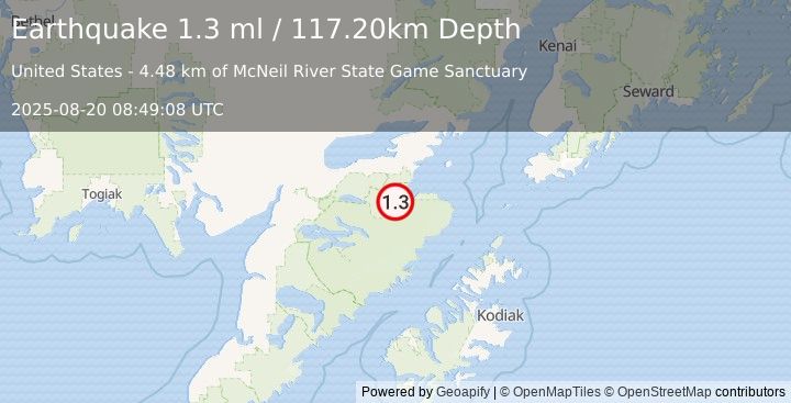 Earthquake 53 km SSE of Kokhanok, Alaska (1.3 ml) (2025-08-20 08:49:08 UTC)