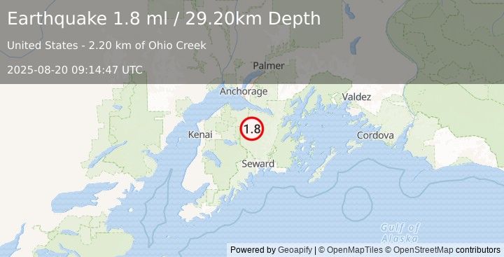 Earthquake 20 km NNE of Cooper Landing, Alaska (1.8 ml) (2025-08-20 09:14:47 UTC)