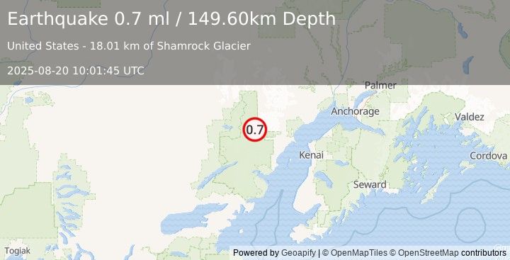 Earthquake 97 km WNW of Nikiski, Alaska (0.7 ml) (2025-08-20 10:01:45 UTC)