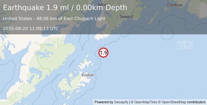 Earthquake 81 km SSE of Port Graham, Alaska (1.9 ml) (2025-08-20 11:09:13 UTC)