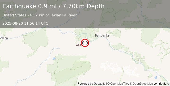 Earthquake 11 km WSW of Nenana, Alaska (0.9 ml) (2025-08-20 11:56:14 UTC)