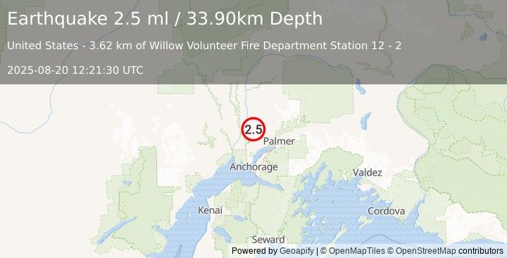 Earthquake 7 km ENE of Willow, Alaska (2.5 ml) (2025-08-20 12:21:30 UTC)