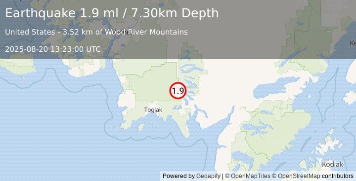 Earthquake 44 km WNW of Aleknagik, Alaska (1.9 ml) (2025-08-20 13:23:00 UTC)