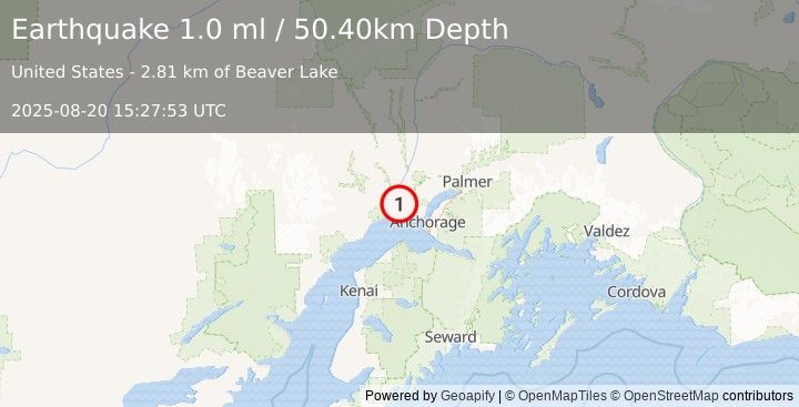 Earthquake 17 km S of Susitna, Alaska (1.0 ml) (2025-08-20 15:27:53 UTC)