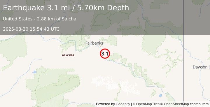 Earthquake 2 km S of Salcha, Alaska (3.1 ml) (2025-08-20 15:54:43 UTC)
