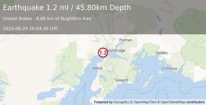 Earthquake 12 km E of Beluga, Alaska (1.2 ml) (2025-08-20 16:04:36 UTC)