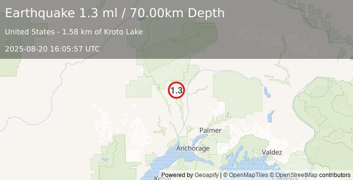 Earthquake 9 km SE of Petersville, Alaska (1.3 ml) (2025-08-20 16:05:57 UTC)