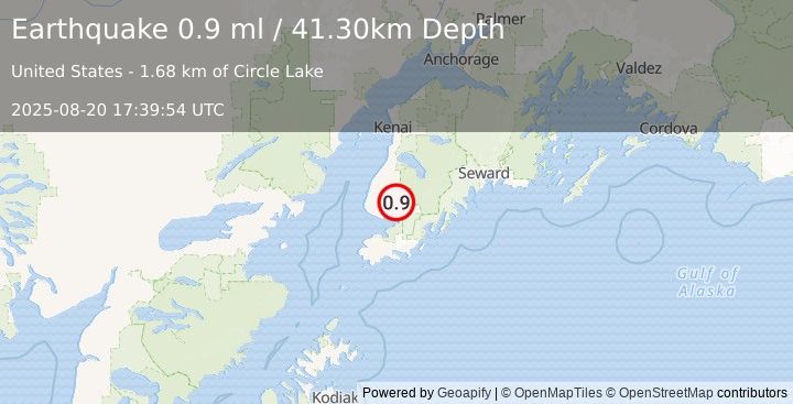 Earthquake 10 km NE of Fritz Creek, Alaska (0.9 ml) (2025-08-20 17:39:54 UTC)