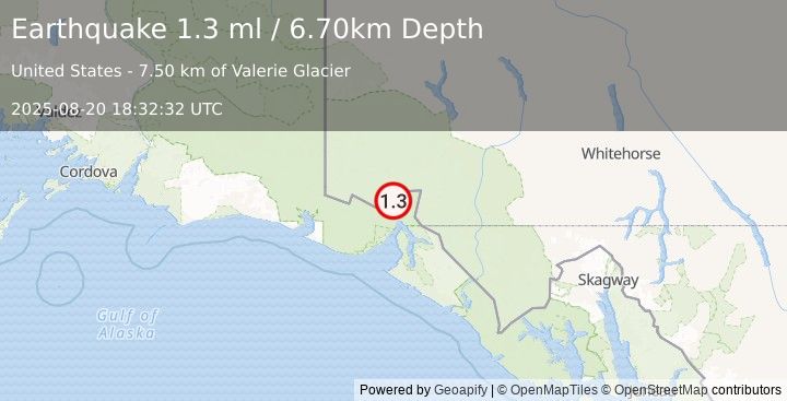 Earthquake 78 km N of Yakutat, Alaska (1.3 ml) (2025-08-20 18:32:32 UTC)