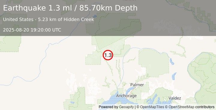 Earthquake 27 km WNW of Petersville, Alaska (1.3 ml) (2025-08-20 19:20:00 UTC)