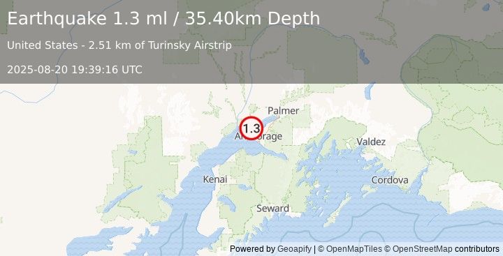 Earthquake 7 km WSW of Point MacKenzie, Alaska (1.3 ml) (2025-08-20 19:39:16 UTC)