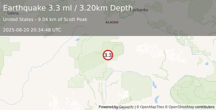 Earthquake 50 km W of Cantwell, Alaska (3.3 ml) (2025-08-20 20:34:48 UTC)