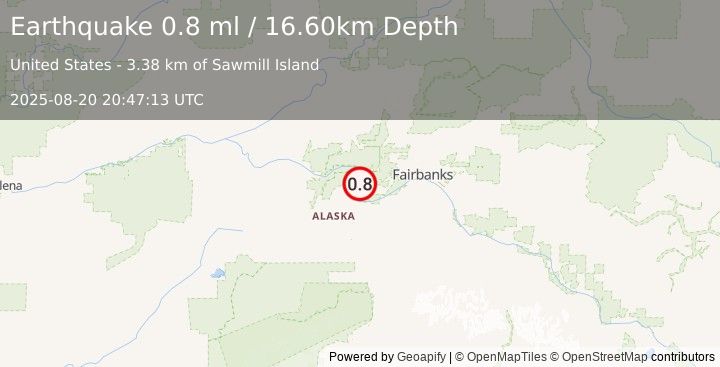 Earthquake 16 km N of Four Mile Road, Alaska (0.8 ml) (2025-08-20 20:47:13 UTC)