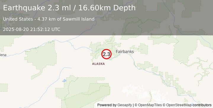 Earthquake 17 km N of Four Mile Road, Alaska (2.3 ml) (2025-08-20 21:52:12 UTC)
