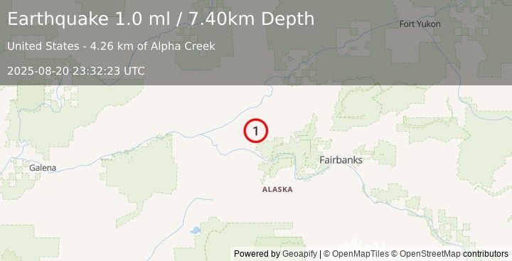 Earthquake 27 km NNE of Manley Hot Springs, Alaska (1.0 ml) (2025-08-20 23:32:23 UTC)