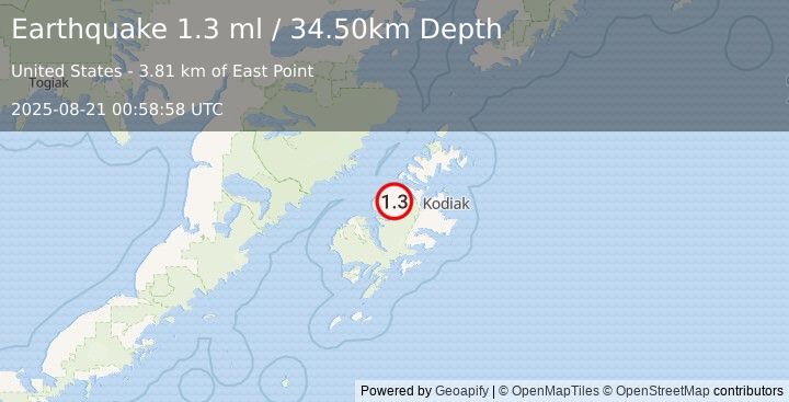 Earthquake 33 km W of Port Lions, Alaska (1.3 ml) (2025-08-21 00:58:58 UTC)