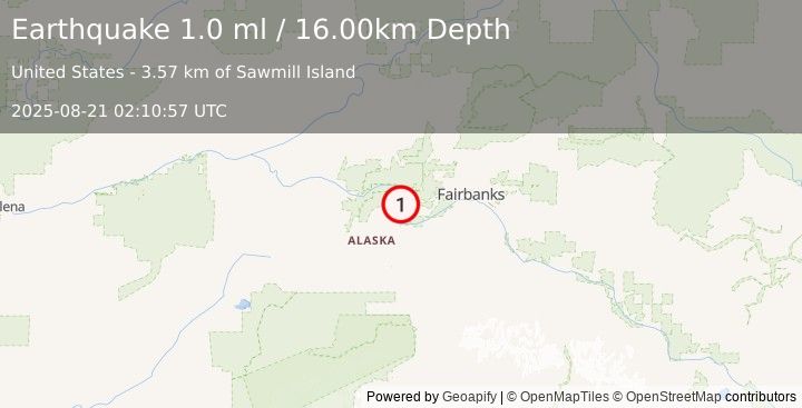 Earthquake 16 km N of Four Mile Road, Alaska (1.0 ml) (2025-08-21 02:10:57 UTC)