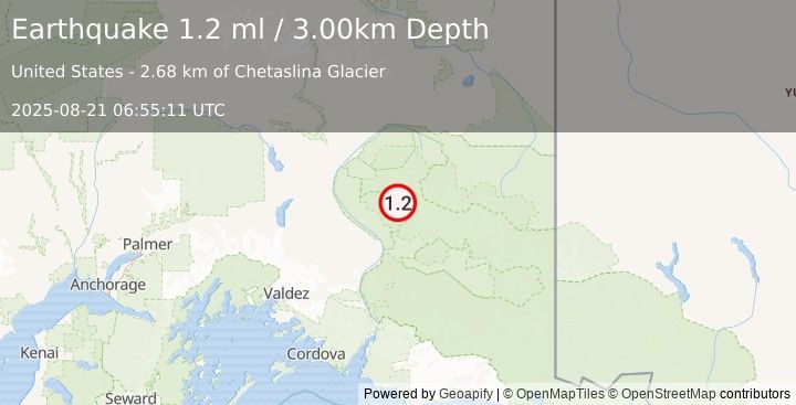 Earthquake 52 km NE of Kenny Lake, Alaska (1.2 ml) (2025-08-21 06:55:11 UTC)