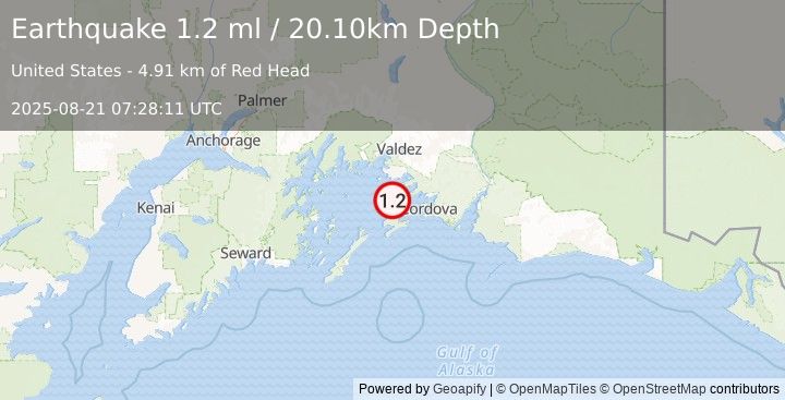 Earthquake 28 km SSE of Tatitlek, Alaska (1.2 ml) (2025-08-21 07:28:11 UTC)