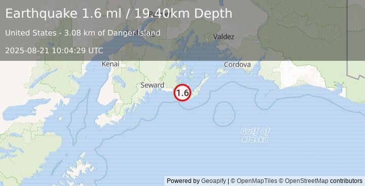 Earthquake 17 km SSW of Chenega, Alaska (1.6 ml) (2025-08-21 10:04:29 UTC)