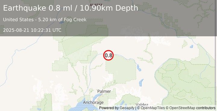Earthquake 65 km S of Cantwell, Alaska (0.8 ml) (2025-08-21 10:22:31 UTC)