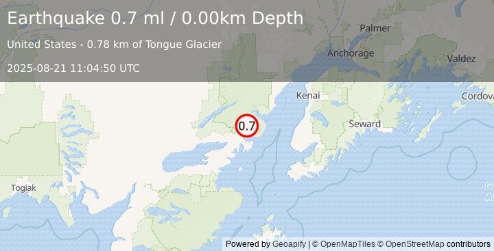 Earthquake 59 km ENE of Pedro Bay, Alaska (0.7 ml) (2025-08-21 11:04:50 UTC)