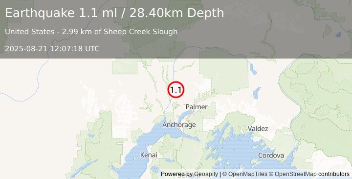 Earthquake 23 km SSW of Susitna North, Alaska (1.1 ml) (2025-08-21 12:07:18 UTC)