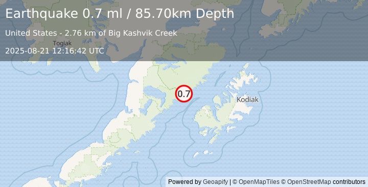 Earthquake 56 km NW of Karluk, Alaska (0.7 ml) (2025-08-21 12:16:42 UTC)
