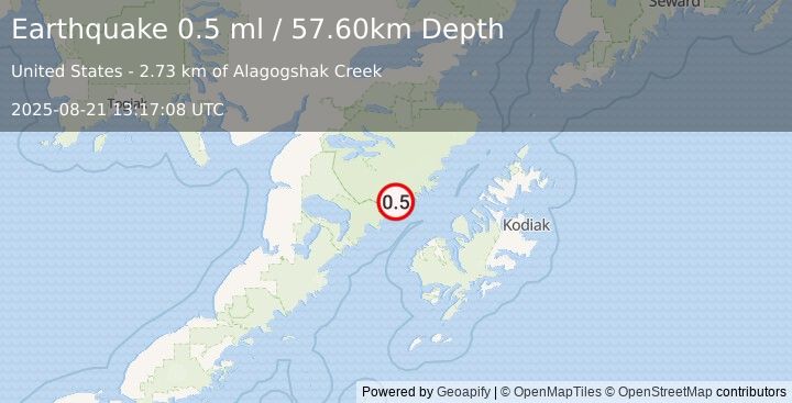 Earthquake 61 km NNW of Karluk, Alaska (0.5 ml) (2025-08-21 13:17:08 UTC)