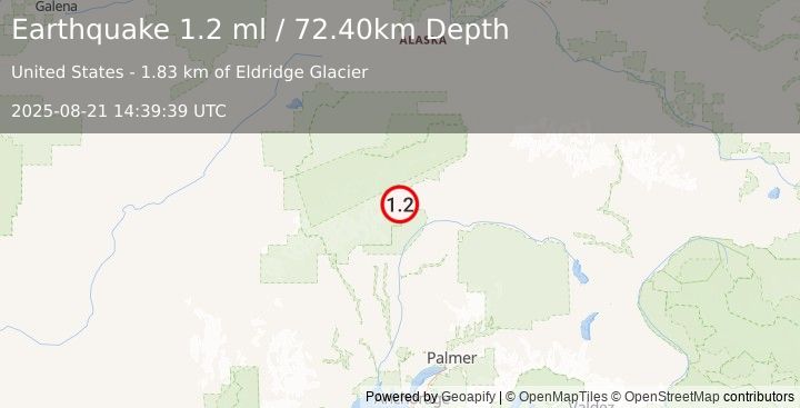 Earthquake 62 km N of Chase, Alaska (1.2 ml) (2025-08-21 14:39:39 UTC)