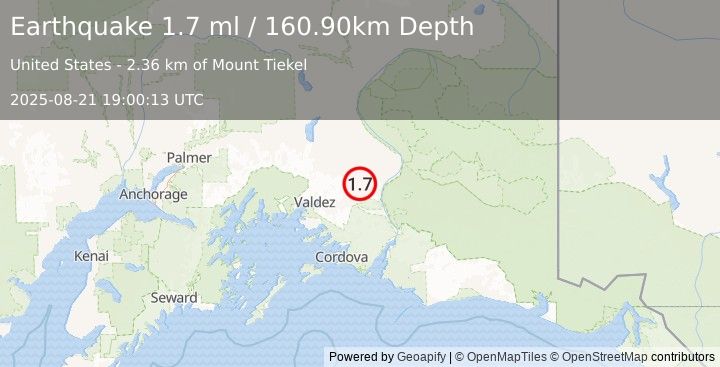 Earthquake 38 km SSW of Tonsina, Alaska (1.7 ml) (2025-08-21 19:00:13 UTC)