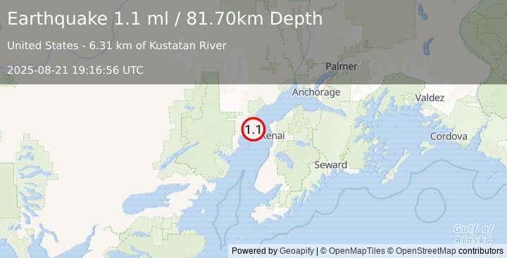 Earthquake 29 km W of Salamatof, Alaska (1.1 ml) (2025-08-21 19:16:56 UTC)