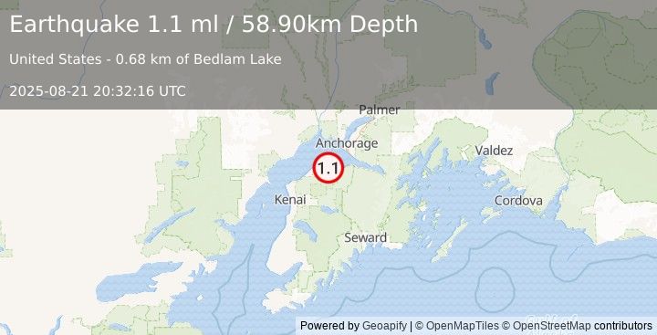 Earthquake 19 km E of Point Possession, Alaska (1.1 ml) (2025-08-21 20:32:16 UTC)