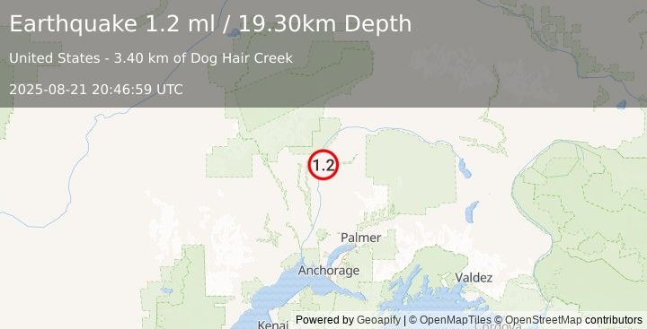 Earthquake 4 km ESE of Chase, Alaska (1.2 ml) (2025-08-21 20:46:59 UTC)