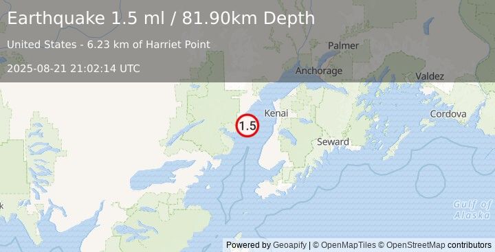 Earthquake 43 km NW of Ninilchik, Alaska (1.5 ml) (2025-08-21 21:02:14 UTC)