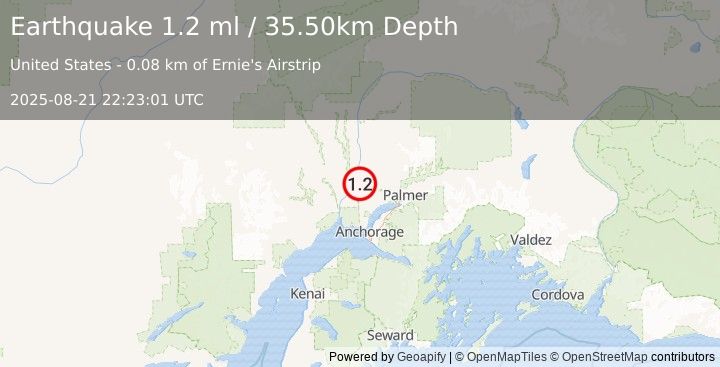 Earthquake 4 km SW of Willow, Alaska (1.2 ml) (2025-08-21 22:23:01 UTC)