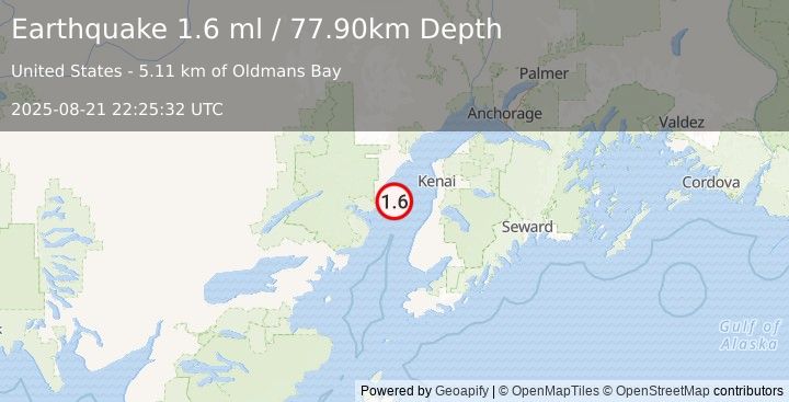 Earthquake 41 km NW of Ninilchik, Alaska (1.6 ml) (2025-08-21 22:25:32 UTC)