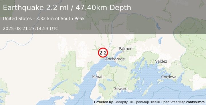 Earthquake 19 km WSW of Susitna, Alaska (2.2 ml) (2025-08-21 23:14:53 UTC)