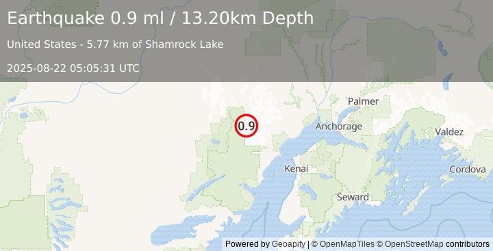 Earthquake 94 km W of Tyonek, Alaska (0.9 ml) (2025-08-22 05:05:31 UTC)