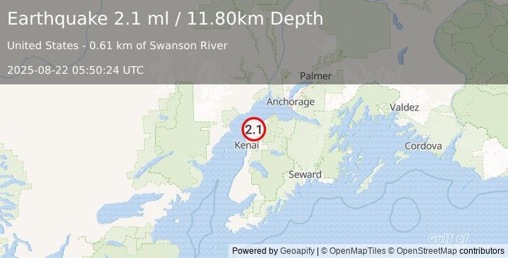 Earthquake 18 km NE of Nikiski, Alaska (2.1 ml) (2025-08-22 05:50:24 UTC)