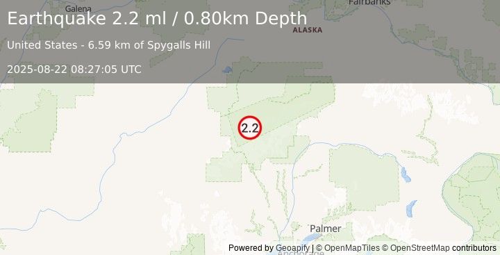 Earthquake 52 km SSE of Denali National Park, Alaska (2.2 ml) (2025-08-22 08:27:05 UTC)