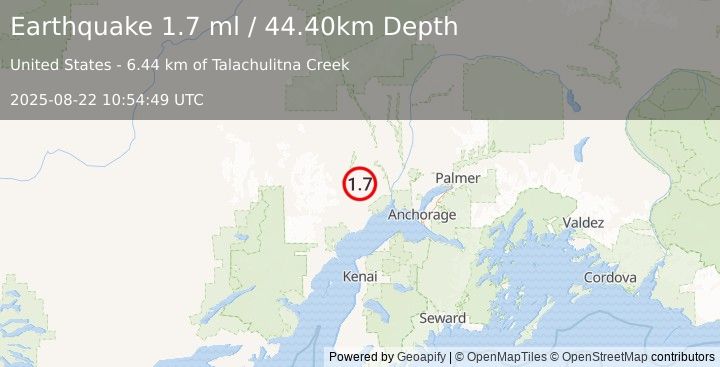 Earthquake 39 km W of Susitna, Alaska (1.7 ml) (2025-08-22 10:54:49 UTC)