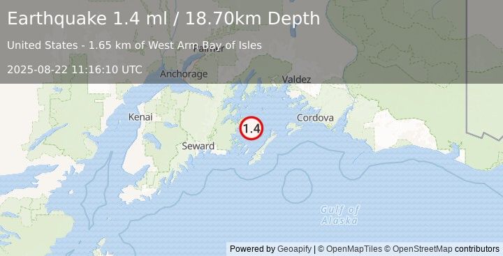 Earthquake 37 km NNE of Chenega, Alaska (1.4 ml) (2025-08-22 11:16:10 UTC)