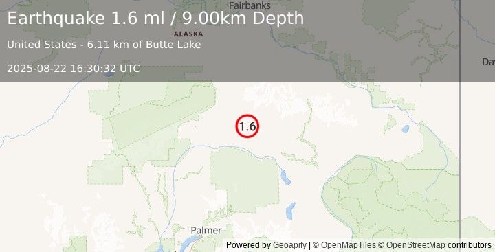 Earthquake 64 km ESE of Cantwell, Alaska (1.6 ml) (2025-08-22 16:30:32 UTC)