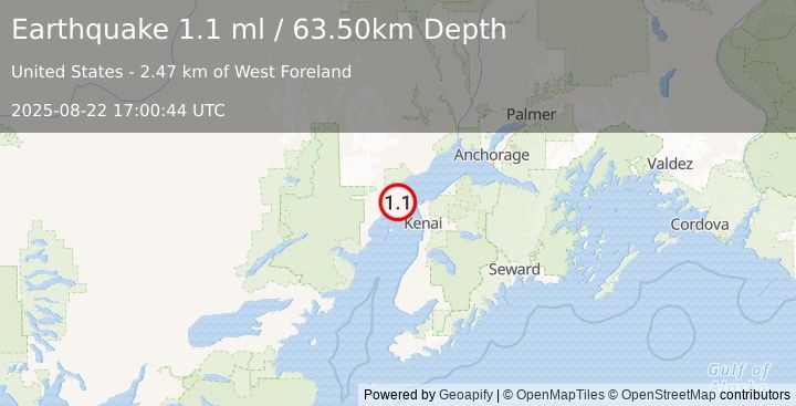 Earthquake 26 km WNW of Nikiski, Alaska (1.1 ml) (2025-08-22 17:00:44 UTC)