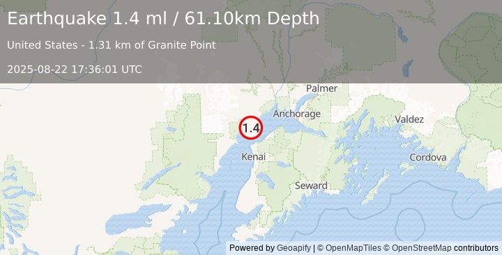 Earthquake 13 km SW of Tyonek, Alaska (1.4 ml) (2025-08-22 17:36:01 UTC)