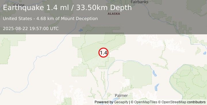 Earthquake 71 km NNE of Petersville, Alaska (1.4 ml) (2025-08-22 19:57:00 UTC)