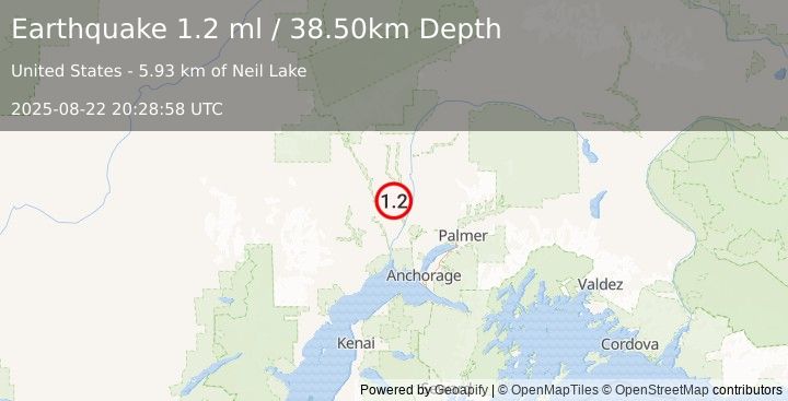 Earthquake 31 km NW of Willow, Alaska (1.2 ml) (2025-08-22 20:28:58 UTC)