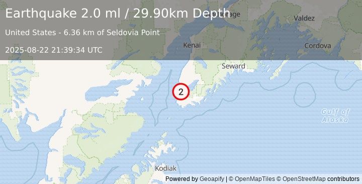 Earthquake 7 km NW of Seldovia Village, Alaska (2.0 ml) (2025-08-22 21:39:34 UTC)