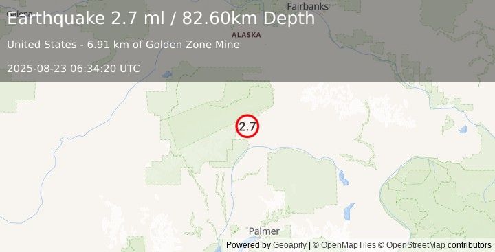 Earthquake 43 km SW of Cantwell, Alaska (2.7 ml) (2025-08-23 06:34:20 UTC)